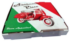 Couponabox pizza boxes in brown and white paper